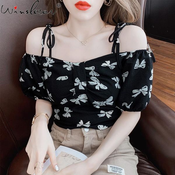 women's blouses & shirts summer korean style short lace up blouse print bowknot off shoulder chiffon elegant women puff sleeve t16, White
women's blouses & shirts summer korean style short lace up blouse print bowknot off shoulder chiffon elegant women puff sleeve t16, White