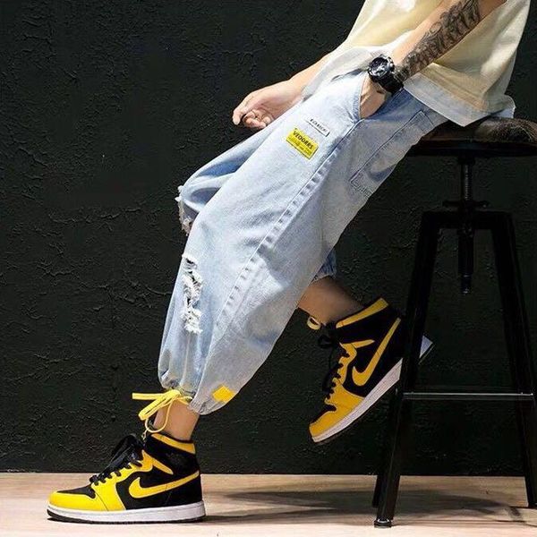 men's jeans concise style color patchwork hole washing process fashion casual men's jogger denim nine pants harem streetwear, Blue
men's jeans concise style color patchwork hole washing process fashion casual men's jogger denim nine pants harem streetwear, Blue