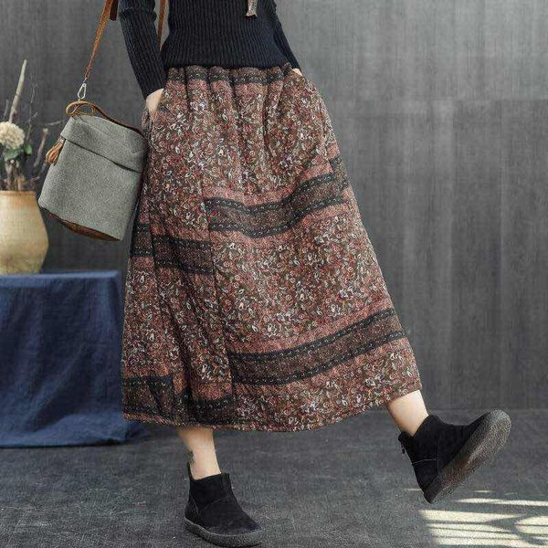 skirts autumn winter national wind floral print thicken cotton a-line skirt mori girl, Black
