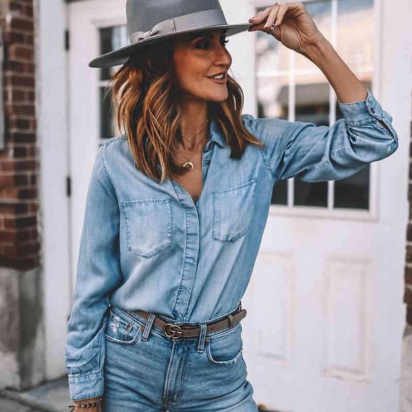 women solid denim lapel long sleeve shirt blouse spring autumn casual slim pockets buttons ladies streetwear denim 210416, White
women solid denim lapel long sleeve shirt blouse spring autumn casual slim pockets buttons ladies streetwear denim 210416, White