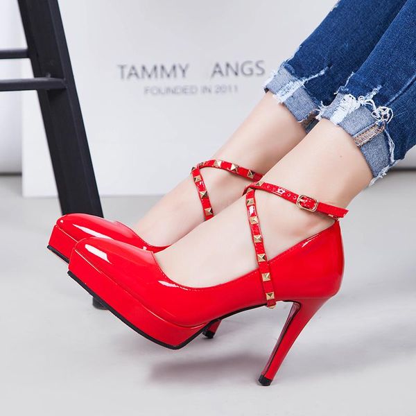fashion rivets straps mary janes women's shoes high heels pointed toe with platform female office & career pumps patent leather dress, Black
fashion rivets straps mary janes women's shoes high heels pointed toe with platform female office & career pumps patent leather dress, Black