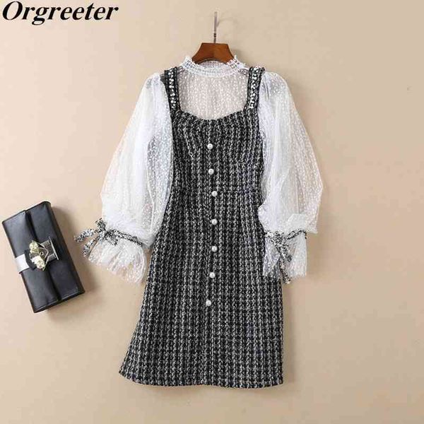spring autumn elegant women tweed dress sets transparent lantern sleeves + bead 2pcs set party clothing 210525, White
spring autumn elegant women tweed dress sets transparent lantern sleeves + bead 2pcs set party clothing 210525, White