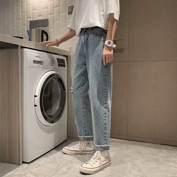 men's jeans ripped straight slim skinny leg pants hong kong style ruffians handsome anything to go with, Blue
men's jeans ripped straight slim skinny leg pants hong kong style ruffians handsome anything to go with, Blue