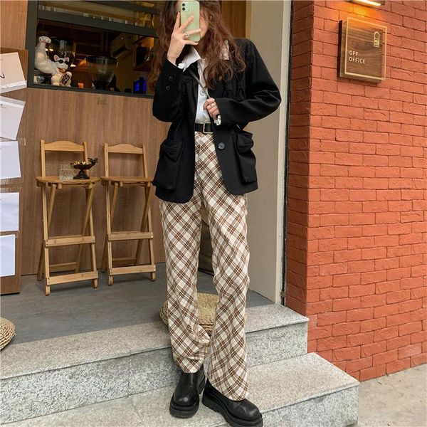 women's vintage plaid micro flare pants spring summer streetwear high waist slim long ladies casual chic trousers & capris, Black;white
women's vintage plaid micro flare pants spring summer streetwear high waist slim long ladies casual chic trousers & capris, Black;white