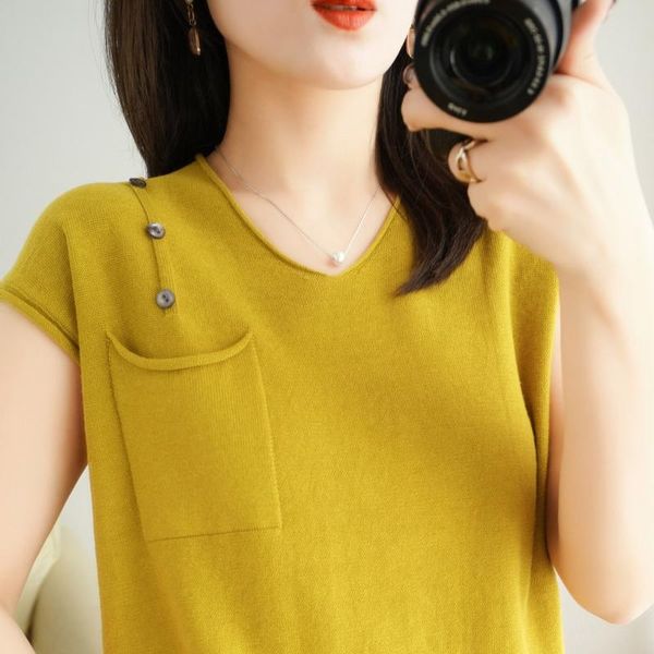 knit women tshirt cotton blend short sleeves pullover vneck stylish casual female summer button tshirts pocket women's t-shirt, White
knit women tshirt cotton blend short sleeves pullover vneck stylish casual female summer button tshirts pocket women's t-shirt, White