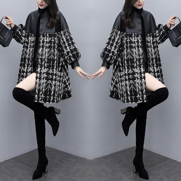 women's wool & blends pu stitching tweed plaid women woolen coat autumn fashion stand collar ladies single breasted female long outwear, Black
women's wool & blends pu stitching tweed plaid women woolen coat autumn fashion stand collar ladies single breasted female long outwear, Black