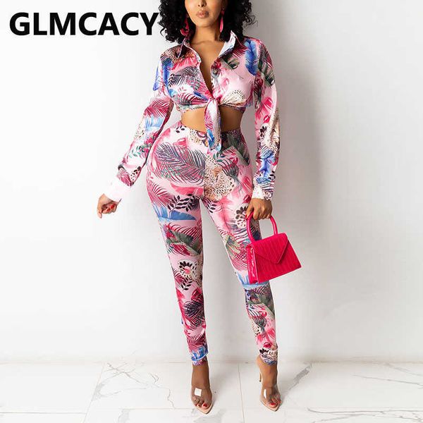 women two piece tropical printed suits long sleeve tie up shirt & skinny pants set 210702, White 
women two piece tropical printed suits long sleeve tie up shirt & skinny pants set 210702, White