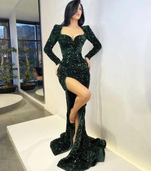 2021 glaring dark green sequined evening dresses with long sleeves ruched sweetheart high side split mermaid prom dress party gown sweep tra, Black;red
2021 glaring dark green sequined evening dresses with long sleeves ruched sweetheart high side split mermaid prom dress party gown sweep tra, Black;red