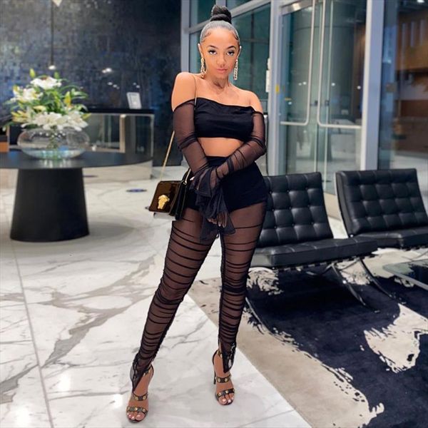 2 pcs see through womenpant mesh outfits off the shoulder flare sleeve tie up ruched slit pants summer, White
2 pcs see through womenpant mesh outfits off the shoulder flare sleeve tie up ruched slit pants summer, White