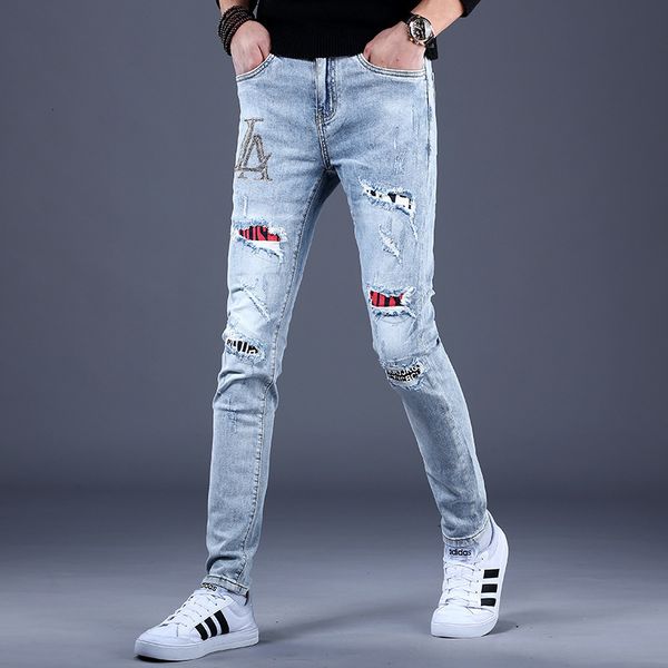 jeans autumn men's and winter drill pierced fashion brand slim trend casual leg pants korean light color, Blue
jeans autumn men's and winter drill pierced fashion brand slim trend casual leg pants korean light color, Blue