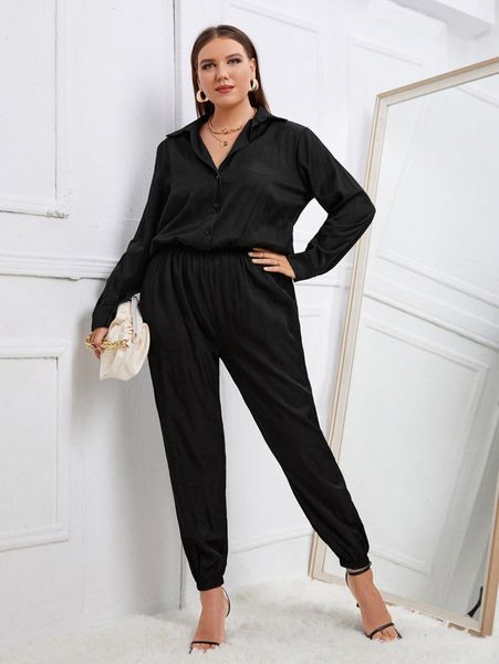 plus solid half button jumpsuit s8to#, Black
