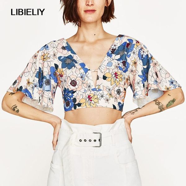 women's blouses & shirts floral printed short blouse women nice summer fashion v-neck bell sleeve and cute print female, White 
women's blouses & shirts floral printed short blouse women nice summer fashion v-neck bell sleeve and cute print female, White