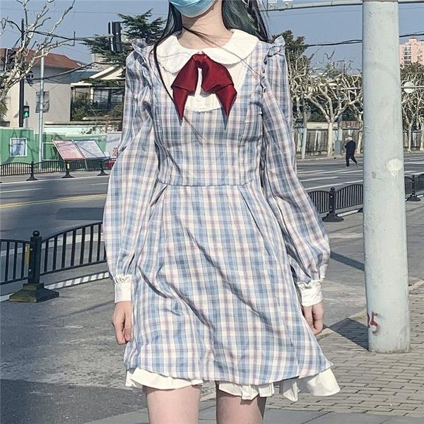 casual dresses preppy style ruffled bowknot dress women spring and autumn japanese sweet fashion long-sleeved plaid bellflower skirt, Black;gray
casual dresses preppy style ruffled bowknot dress women spring and autumn japanese sweet fashion long-sleeved plaid bellflower skirt, Black;gray