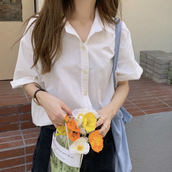 women's blouses & shirts summer single-breasted korean polo collar design solid color loose chic fashion casual ladies short-sleev, White
women's blouses & shirts summer single-breasted korean polo collar design solid color loose chic fashion casual ladies short-sleev, White