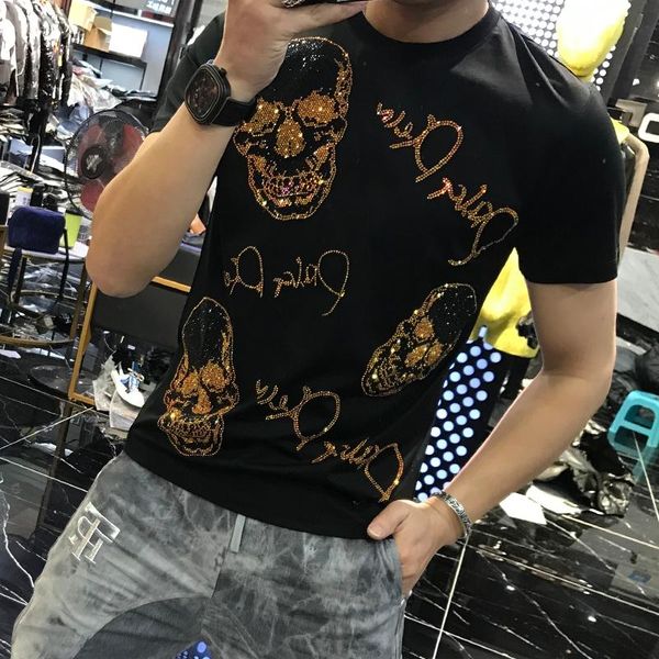 men's t-shirts summer black and white quality rhinestone skull short sleeve slim trendy design brand t-shirt top, White;black
men's t-shirts summer black and white quality rhinestone skull short sleeve slim trendy design brand t-shirt top, White;black