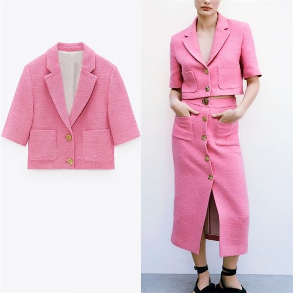women spring textured cropped blazer short sleeve metal button vintage coat blazers woman patch pockets outerwear 210524, White;black
women spring textured cropped blazer short sleeve metal button vintage coat blazers woman patch pockets outerwear 210524, White;black