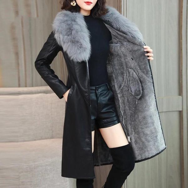 women's leather & faux jacket for winter 2021 plus velvet warm slim big fur collar long coat female outerwear m-4xl, Black
women's leather & faux jacket for winter 2021 plus velvet warm slim big fur collar long coat female outerwear m-4xl, Black