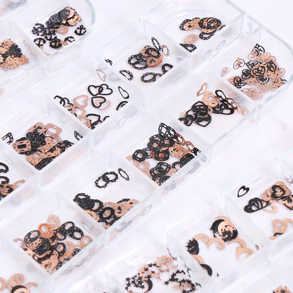 mix style 12 grids 3d hollow nail sequins butterfly heart rose flower leaf design charm studs diy accessories1, Silver;gold 
mix style 12 grids 3d hollow nail sequins butterfly heart rose flower leaf design charm studs diy accessories1, Silver;gold