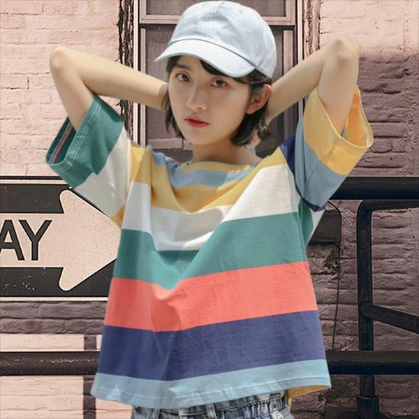 women's t-shirt female short-sleeved student korean version loose round neck summer all-match shirt with rainbow stripes, White
women's t-shirt female short-sleeved student korean version loose round neck summer all-match shirt with rainbow stripes, White