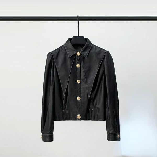 women's leather & faux 2021 autumn port style jacket short navy collar sheep skin motorcycle fashion, Black
women's leather & faux 2021 autumn port style jacket short navy collar sheep skin motorcycle fashion, Black