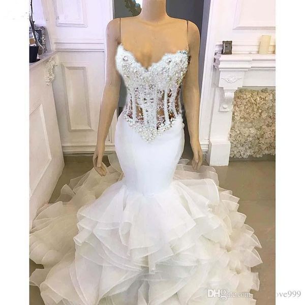 2021 luxury mermaid wedding dresses sweet heart lace up back cascading ruffles major beading chapel bridal gowns vestidos de novia, White
2021 luxury mermaid wedding dresses sweet heart lace up back cascading ruffles major beading chapel bridal gowns vestidos de novia, White