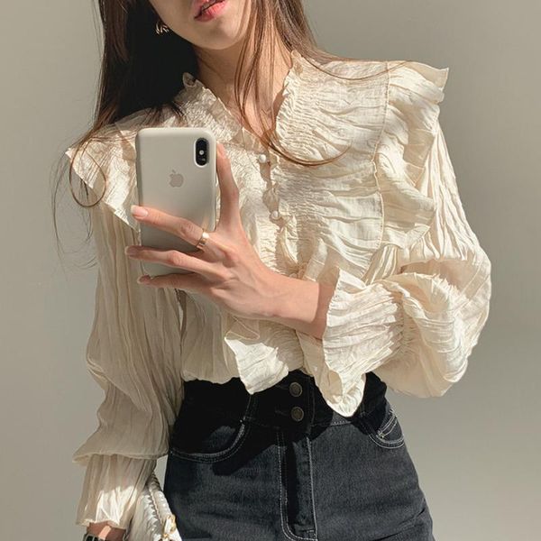 women's blouses & shirts sweet folds ruffles v neck lantern sleeve women blouse simple solid elegant korean chic woman office ladies bl, White
women's blouses & shirts sweet folds ruffles v neck lantern sleeve women blouse simple solid elegant korean chic woman office ladies bl, White