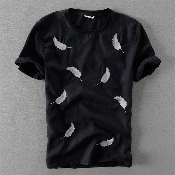 italy creative embroidery summer mens short sleeve linen cotton casual fashion stretch camiseta, White;black
italy creative embroidery summer mens short sleeve linen cotton casual fashion stretch camiseta, White;black