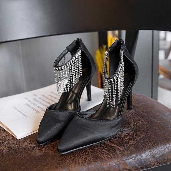 sandals elegant women satin ankle rhinestone tassels high heel stiletto back zipper pointed toe 8cm ladies pump party shoes, Black
sandals elegant women satin ankle rhinestone tassels high heel stiletto back zipper pointed toe 8cm ladies pump party shoes, Black
