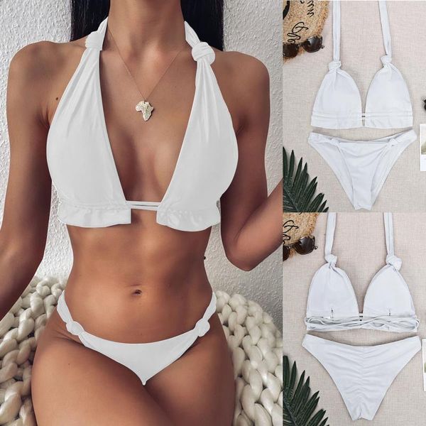 2pcs women summer swimwear bikini set solid lace push up swimsuit beachwear padded bathing suit women's, White;black