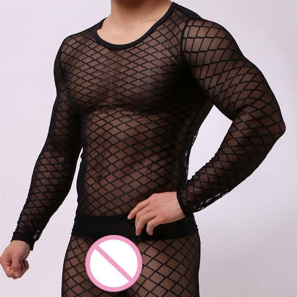 men's sleepwear mens mesh transparent long sleeve exotic grid singlet fishnet sheer thin stretch sleep undershirt, Black;brown
men's sleepwear mens mesh transparent long sleeve exotic grid singlet fishnet sheer thin stretch sleep undershirt, Black;brown