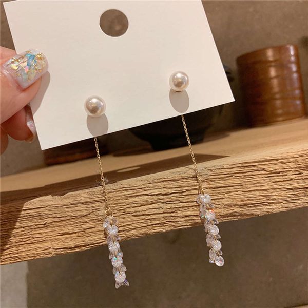 925 silver needle korea east gate temperament pearl net red long tassel crystal earrings, Black
925 silver needle korea east gate temperament pearl net red long tassel crystal earrings, Black