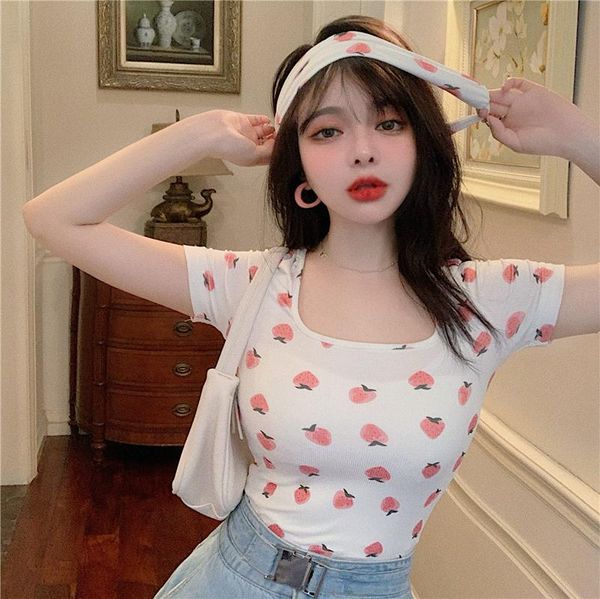women's t-shirt summer korean of the square collar short section french strawberry navel casual short-sleeved women, White
women's t-shirt summer korean of the square collar short section french strawberry navel casual short-sleeved women, White