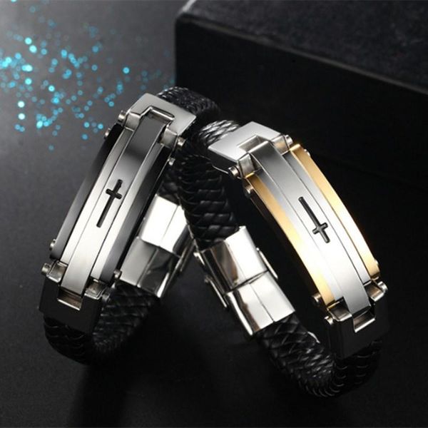 charm bracelets stainless steel geometric cross with snap button bangle for male vintage braided leather bracelet 2021 jewelry, Golden;silver
charm bracelets stainless steel geometric cross with snap button bangle for male vintage braided leather bracelet 2021 jewelry, Golden;silver