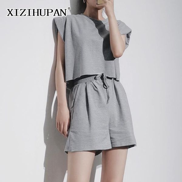 women's tracksuits xizihupan solid casual women shorts round neck sleeveless cropped elastic high waist self tie wide leg clothing 2021, Gray
women's tracksuits xizihupan solid casual women shorts round neck sleeveless cropped elastic high waist self tie wide leg clothing 2021, Gray