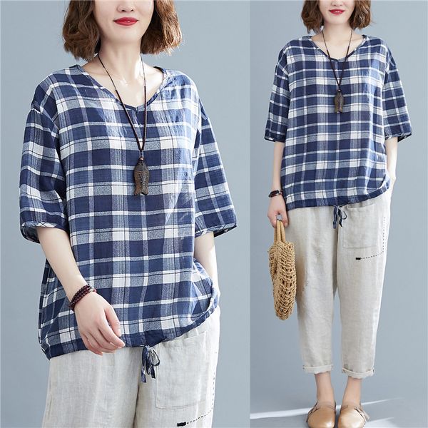 t-shirt 2021 casual easy to match cotton and hemp plaid large women's t-shirt summer loose art fat mm top, White
t-shirt 2021 casual easy to match cotton and hemp plaid large women's t-shirt summer loose art fat mm top, White