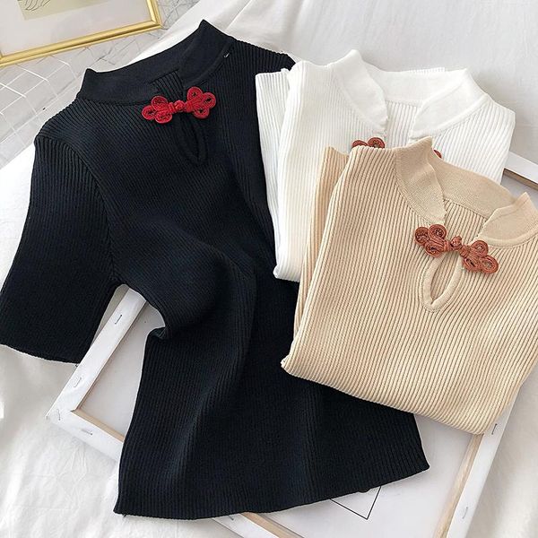 women's sweaters autumn women short sleeve sweater vintage chinese knot buckle knitted pullovers female basic bottoming knitwear a1976, White;black
women's sweaters autumn women short sleeve sweater vintage chinese knot buckle knitted pullovers female basic bottoming knitwear a1976, White;black