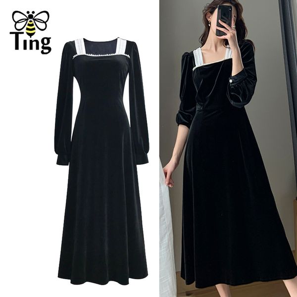 women winter autumn vintage elegant black velvet a line dress party es beading square collar velour vestidos 210513, Black;gray
women winter autumn vintage elegant black velvet a line dress party es beading square collar velour vestidos 210513, Black;gray