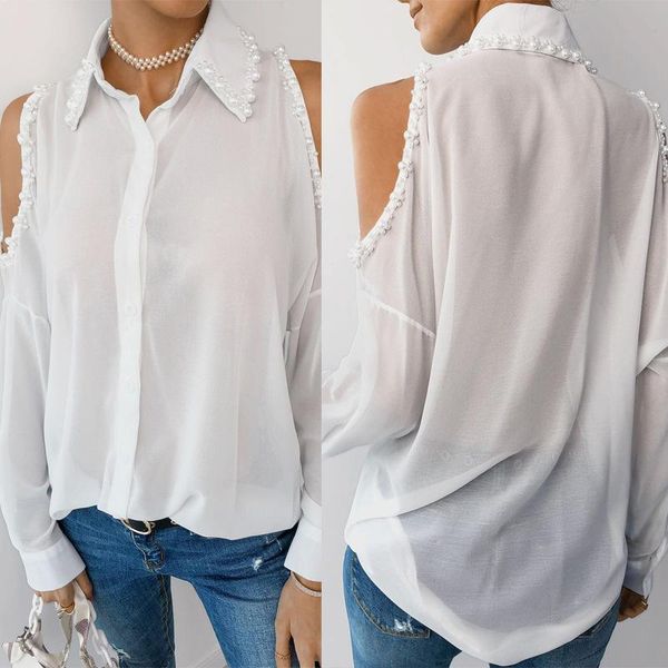 women chiffon blouse shirt autumn pearl decorative cardigan loose women's full sleeve blouses & shirts, White
women chiffon blouse shirt autumn pearl decorative cardigan loose women's full sleeve blouses & shirts, White