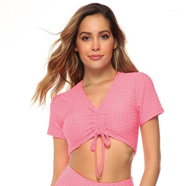 jacquard yoga shirt women short sleeve drawstring sport crop workout fitness training clothing running outfit
jacquard yoga shirt women short sleeve drawstring sport crop workout fitness training clothing running outfit