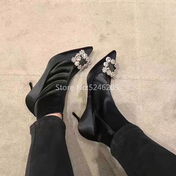 boots satin fashion women shoes crystal square buckles pointed toe stretch ankle zip side woman, Black
boots satin fashion women shoes crystal square buckles pointed toe stretch ankle zip side woman, Black