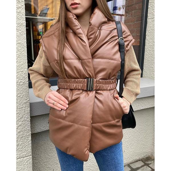 women's vests agong solid v neck women fashion pu leather coats elegant collected waisted pockets cotton female ladies, Black;white
women's vests agong solid v neck women fashion pu leather coats elegant collected waisted pockets cotton female ladies, Black;white