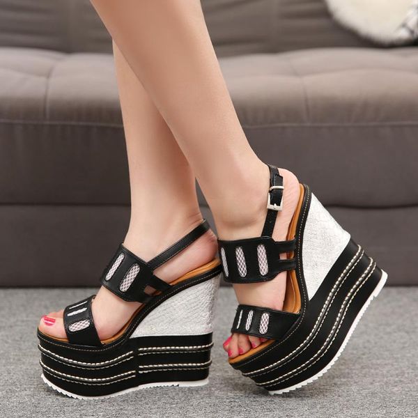16cm high heel sandals women wedges summer shoes 2021 strew strap sandal, Black