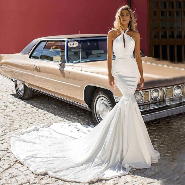 halter mermaid wedding dresses with pearls court train backless satin plus size bridal gowns vestido de novia, White
halter mermaid wedding dresses with pearls court train backless satin plus size bridal gowns vestido de novia, White