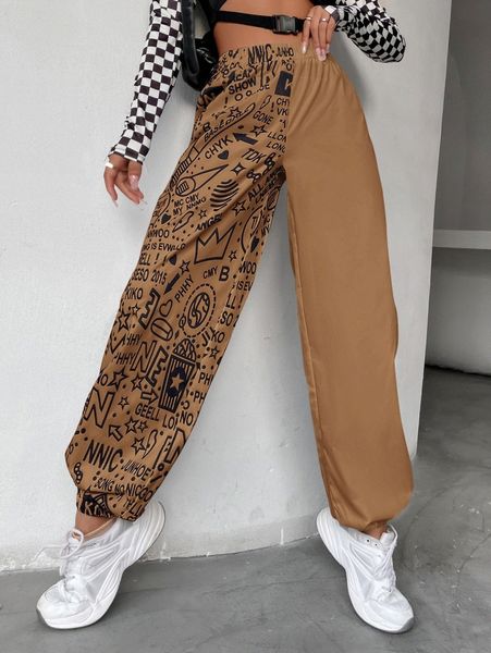 star & letter graphic pants m4xg#, Black;white