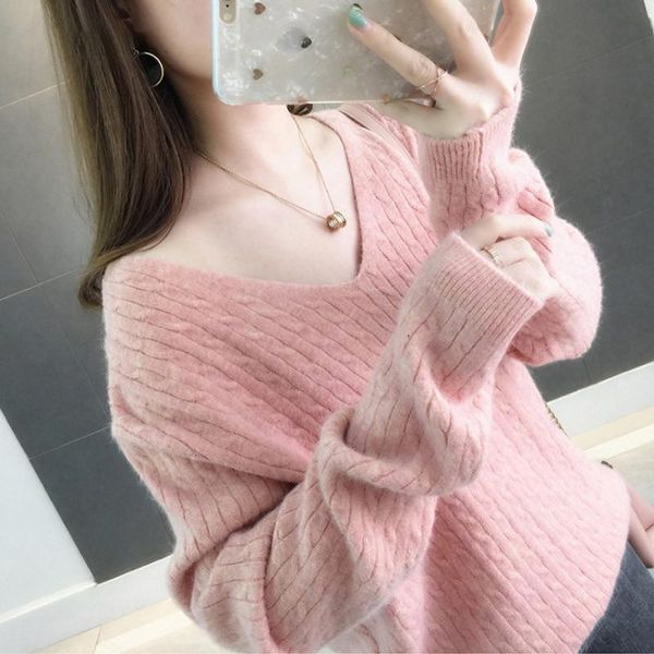 women's sweaters 2021 autumn casual v-neck women sweater winter warm jumper pink loose cashmere knitted pullover pull hiver femme, White;black
women's sweaters 2021 autumn casual v-neck women sweater winter warm jumper pink loose cashmere knitted pullover pull hiver femme, White;black