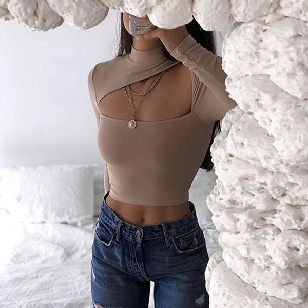 fashion spring women's hollow cropped trendy turtleneck long sleeve nude girls slim t-shirt, White
fashion spring women's hollow cropped trendy turtleneck long sleeve nude girls slim t-shirt, White