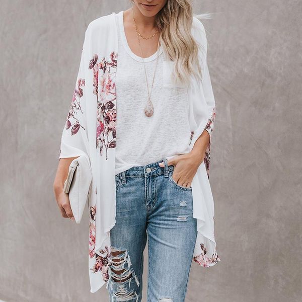 women's blouses & shirts summer chiffon printed cardigan long sleeve female jacket, White
women's blouses & shirts summer chiffon printed cardigan long sleeve female jacket, White