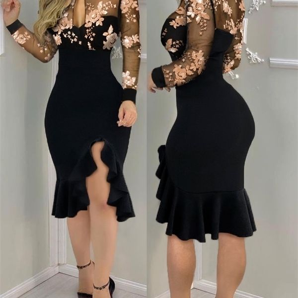 spring fall women elegant floral patter sheer mesh slit bodycon dress femme ruff hem cut out party robes skinny vestido 210701, Black;gray 
spring fall women elegant floral patter sheer mesh slit bodycon dress femme ruff hem cut out party robes skinny vestido 210701, Black;gray