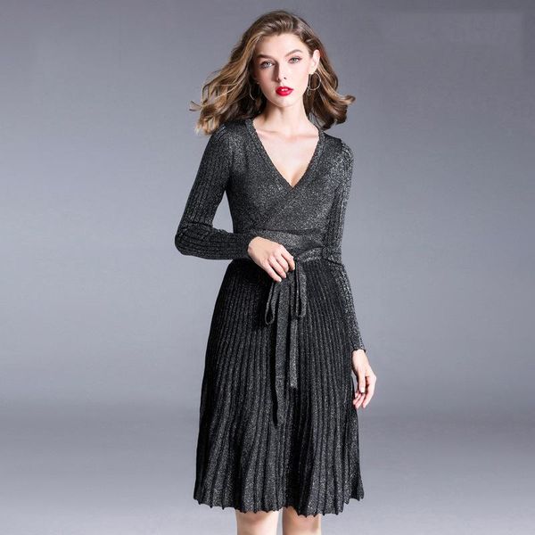 casual dresses high qualty knitted winter dress v-neck long sleeve belted slim pleated a-line midi christmas vestidos robe, Black;gray
casual dresses high qualty knitted winter dress v-neck long sleeve belted slim pleated a-line midi christmas vestidos robe, Black;gray