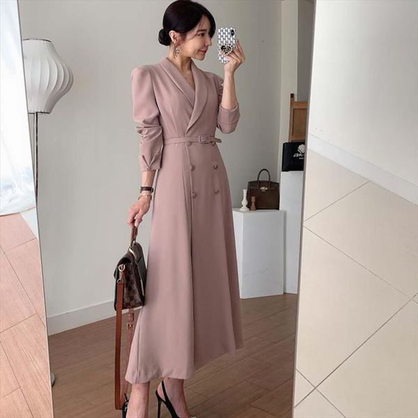 french spring elegant womens dresses double breasted belted sashes suit autumn office long sleeve slim waist female, Black;gray
french spring elegant womens dresses double breasted belted sashes suit autumn office long sleeve slim waist female, Black;gray